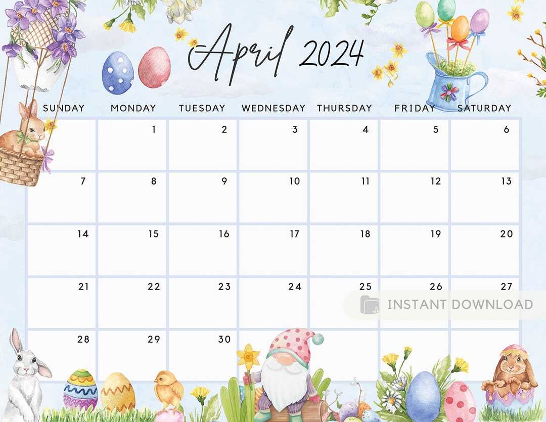 Printable April 2024 Calendar Fun Easter Bunny And Gnome Etsy