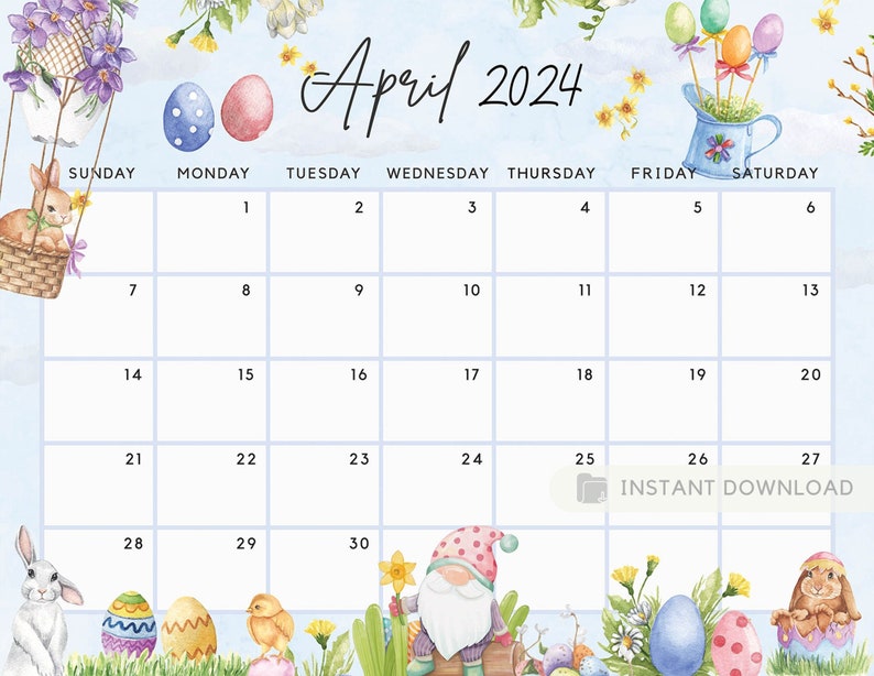 Printable April 2024 Calendar Fun Easter Bunny & Gnome Ediatble Planner