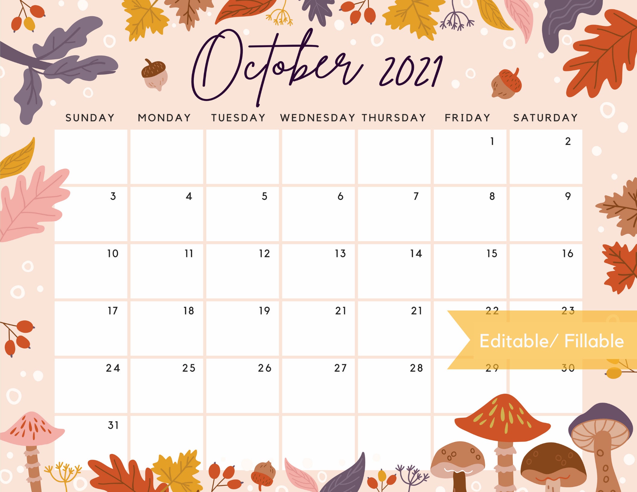 October 2021 Calendar Beautiful Fall Autumn Flowers Leaves Etsy