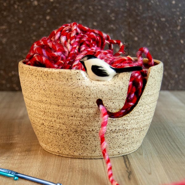 Chickadee Birdie Yarn Bowl, Ceramic Yarn Bowl, Handmade, 6 inches