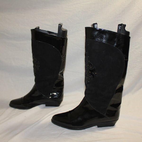 Original 1980s Long Leather Suede Black Vintage Boots