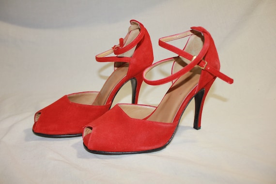 Original 1980s Suede Red Leather Vintage High Hee… - image 1