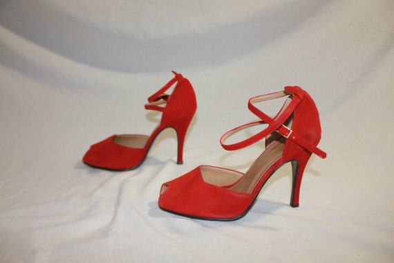 Original 1980s Suede Red Leather Vintage High Hee… - image 7