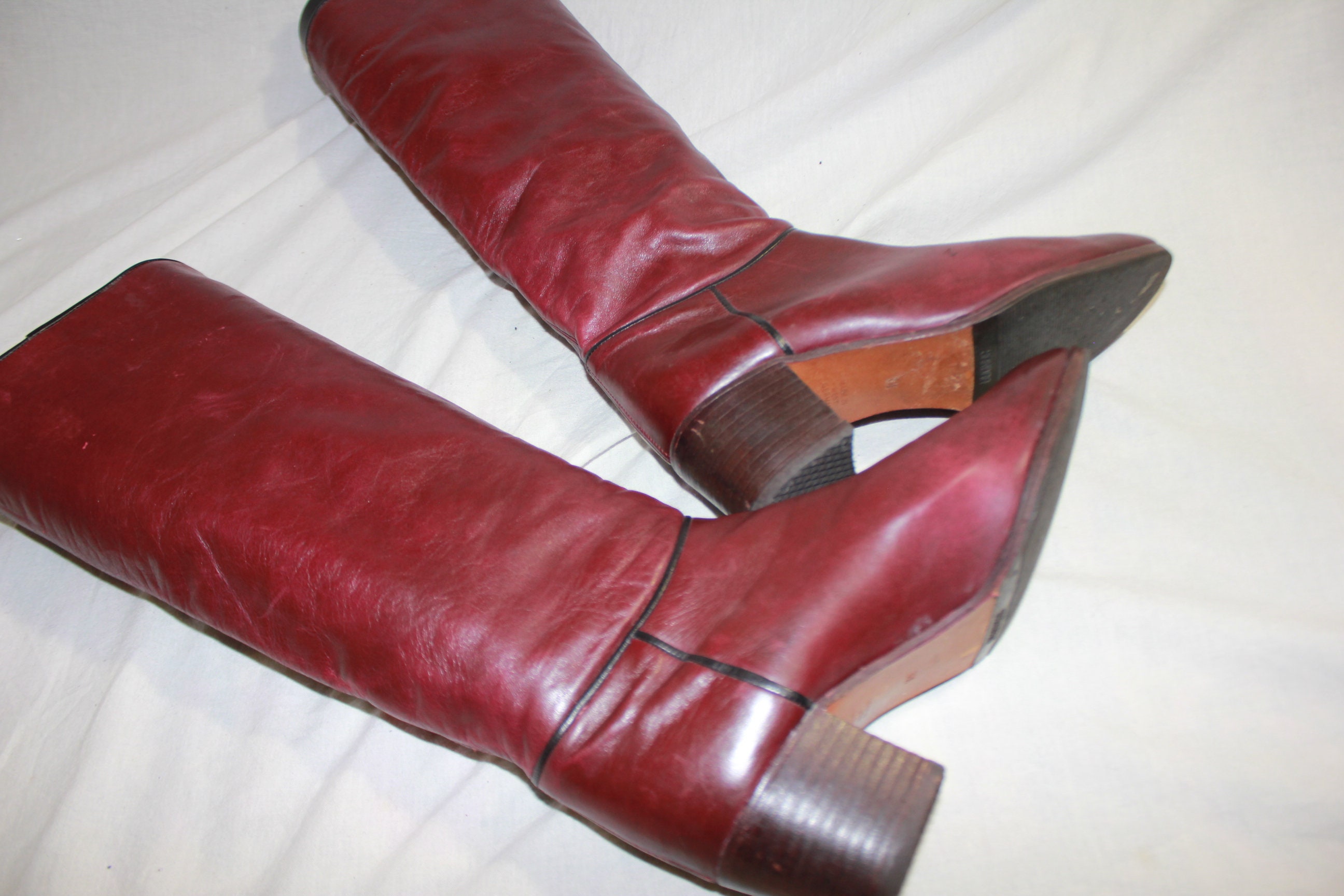 Original Burgundy 1970s Long All Leather Vintage Boots - Etsy