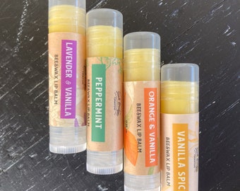Natural Beeswax Lip Balm -- (Lavender Vanilla, Orange Vanilla, Peppermint, Vanilla Spice)