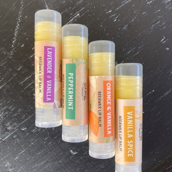 Natural Beeswax Lip Balm -- (Lavender Vanilla, Orange Vanilla, Peppermint, Vanilla Spice)