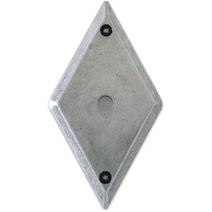 May include: A diamond-shaped, silver-colored metal object with a textured surface. It has a central hole and two smaller holes with black accents. The edges are slightly raised, giving it a beveled appearance.