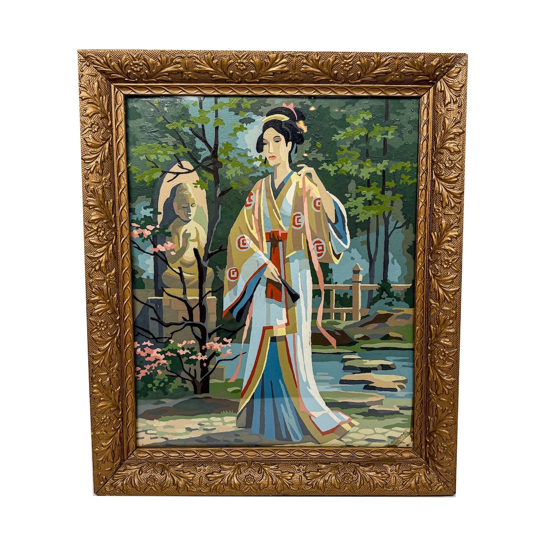 Geisha Numbers Graph Vintage Japanese Geisha Paint-by-numbers Woman With Bird in Gold Gilded ...
