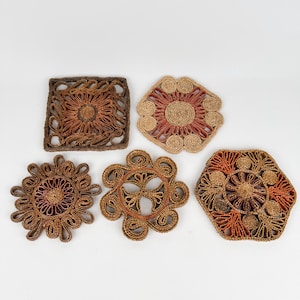 Set of 5 Vintage 1970s Bohemian Rattan Wicker Hot Pad Trivets