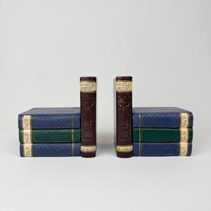 May include: A set of bookends featuring a pair of upright, dark brown books labeled "World History" between stacks of blue and green books. The books have gold lettering and decorative details, creating a classic, scholarly aesthetic.