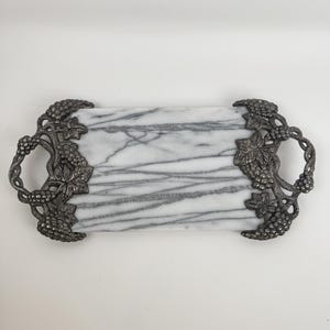 Vintage Godinger Marble White Cheese Cutting Board, Metal and Marble Antique Serving Tray