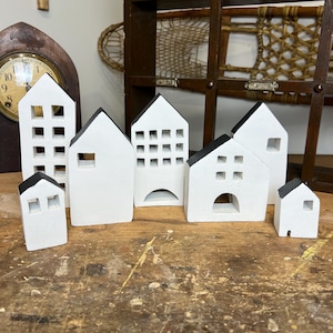 Handmade White Wooden Block Village Houses, Set of 7