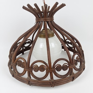 Vintage Curly Wicker Rattan Hanging Pendant Light Plug-In Chandelier, 1970s Boho