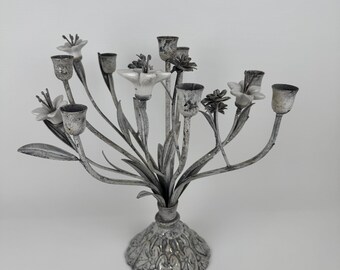 Antique French Metal Candelabra with Ceramic Flowers, 8-Arm Art Nouveau Style