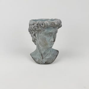 Vaso in cemento con busto di Michelangelo David in stile romano.