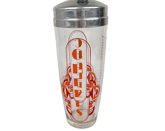 Coqueteleira Art Déco de Vidro Retrô de Meados do Século com a inscrição "Cheers"
