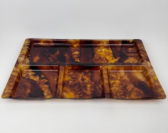Vintage Lucite Tortoiseshell Large Serving or Storage Four Compartment Tray - Made in USA