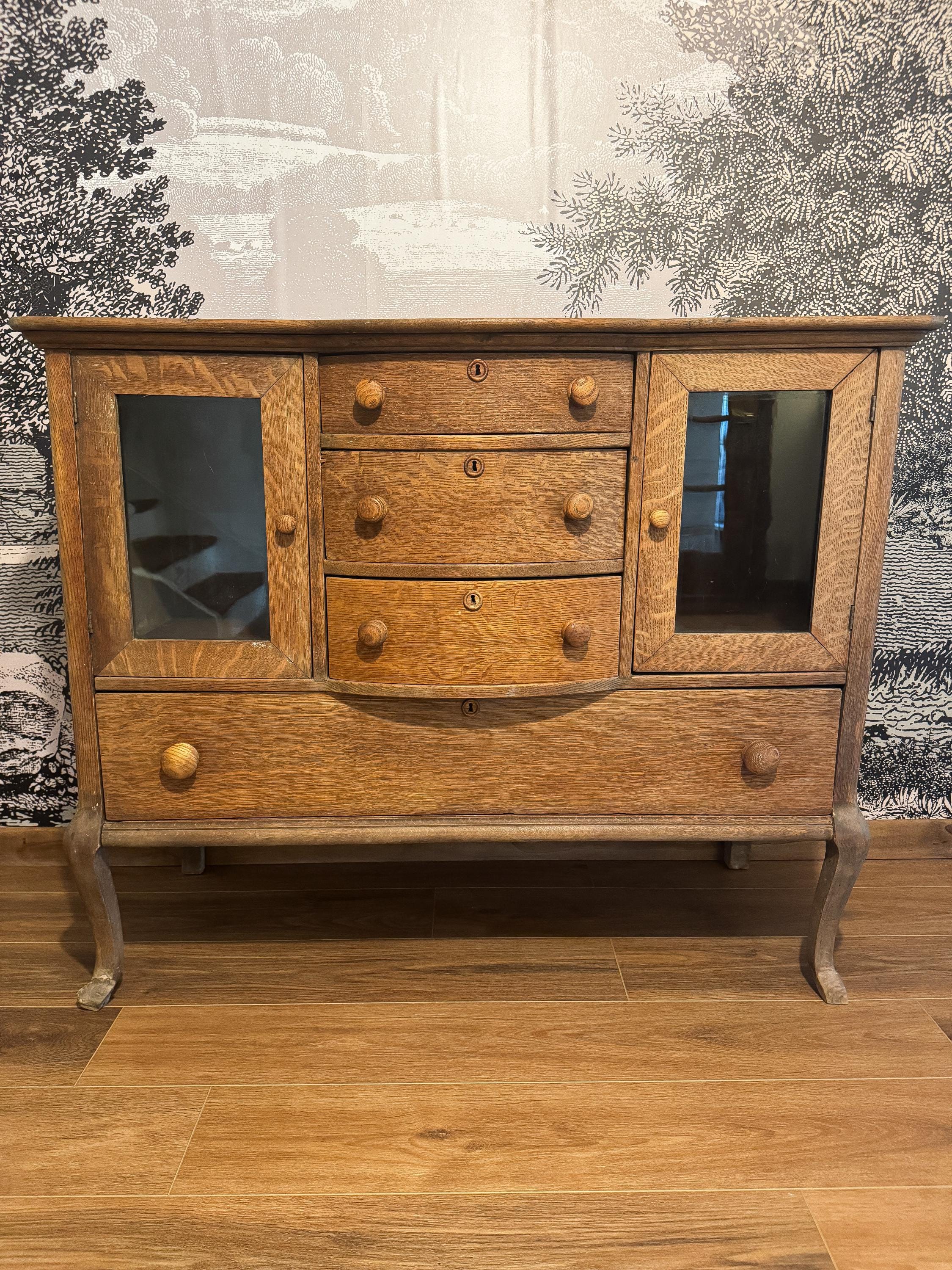 Antique Oak Buffet Sideboard with Glass Doors | Vintage 1900s Solid Wood Cabinet | Timeless Character for a Curated Interior