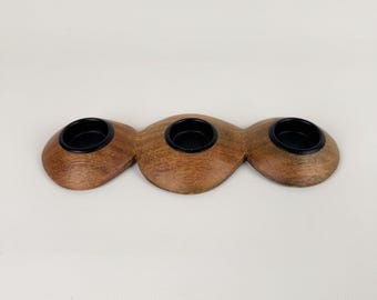 Bougeoir pour bougie chauffe-plat circulaire triple rond en bois de manguier, décoration d'intérieur bohème du milieu du siècle