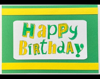 Happy Birthday Card, unique design, hand crafted in bright team colours