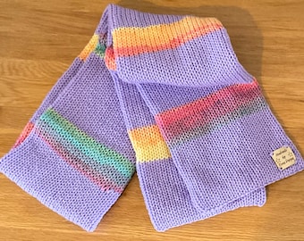 Hand crafted knitted rainbow Scarf: double thickness soft yarn for extra warmth and comfort