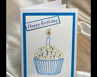 Happy Birthday Cup Cake card with beaded sprinkles, hand stitched, choose your colour