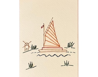 Hand Stitched Wherry Boat Card: Norfolk Broads Art