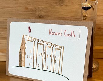 Hand Stitched Norwich Castle Card, Norfolk Collection, Rustic Kraft Finish