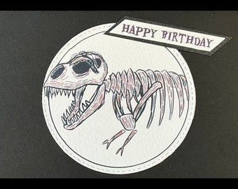 Unique 'ROAR-ing' dinosaur Happy Birthday card, perfect for children. Handmade print of drawing by local artist Danielle Wadsworth