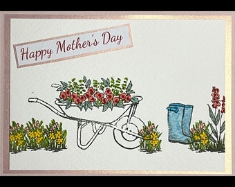 Mother's Day quality handmade card with a garden scene of vibrant spring colours ideal for a special Mum on Mothering Sunday