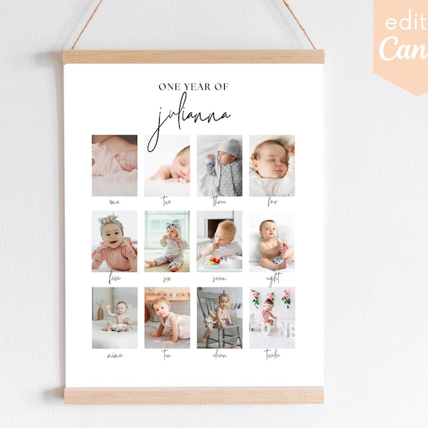 Printable Baby's First Year Poster Template, Editable Year in Picture Board, Modern 1st Birthday Photo Collage Sign, Instant Download