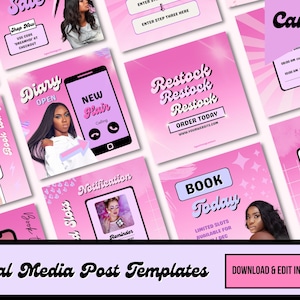May include: Pink and white social media post templates with text that says "Diary Open", "New Hair", "Restock Restock Restock", "Book Today", "Reminder", "Notification", and "Canva".