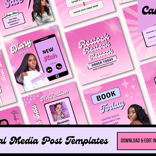 Beauty Instagram Post Templates Y2K, Retro Social Media, Hair Flyers, Nail, Lash Tech, Extensions, Salon, Wig, Pink, Pastel, Girly, Canva