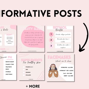 May include: Informative social media post graphics with pink and white backgrounds. The graphics feature tips for skincare, beauty sleep, retinol benefits, face masks, and supplements for healthy skin. The text includes "Skincare Dos & Don'ts", "Beauty Sleep", "Retinol Benefits", "AM Skincare PM", "Supplements for Healthy Skin", and "Facemasks Which One to Choose".
