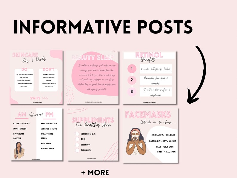 May include: Informative social media post graphics with pink and white backgrounds. The graphics feature tips for skincare, beauty sleep, retinol benefits, face masks, and supplements for healthy skin. The text includes "Skincare Dos & Don'ts", "Beauty Sleep", "Retinol Benefits", "AM Skincare PM", "Supplements for Healthy Skin", and "Facemasks Which One to Choose".