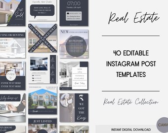 May include: A set of 40 editable Instagram post templates for real estate agents. The templates feature a variety of designs, including images of houses, keys, and text. The templates are designed to be used with Canva.