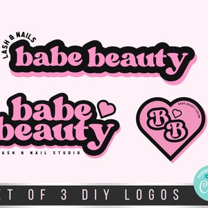 Può includere: Set di tre loghi rosa e neri per uno studio di ciglia e unghie. I loghi presentano il testo "babe beauty" in uno stile di font retrò. Un logo include il testo "Lash & Nail Studio" e un altro logo presenta le iniziali "B&B" a forma di cuore.