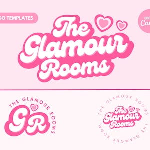 May include: Three pink and white logo templates for "The Glamour Rooms" with a heart graphic. The first logo features the text in a retro font. The second logo features the initials "GR" in a retro font with a heart graphic. The third logo features the text in a retro font with two heart graphics.