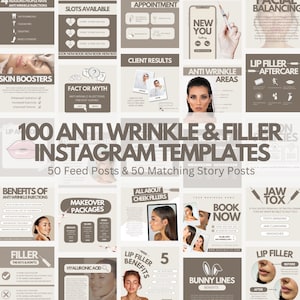 May include: A collage of 100 Instagram templates for anti-wrinkle and filler treatments. The templates feature images of syringes, lips, and faces, along with text about benefits, procedures, and pricing. The text "100 Anti Wrinkle & Filler Instagram Templates" is in large, bold letters at the top of the collage.