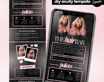 May include: Black and pink graphic design template for a hair salon called "The Hair Bar". The template includes a logo, contact information, policies, frequently asked questions, opening hours, and a section on where to find the salon. The template also includes a photo of a woman with pink hair.