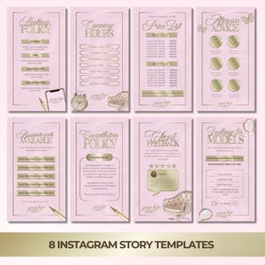 May include: Eight pink and gold Instagram story templates for a beauty salon or spa. The templates include information about booking, opening hours, price list, aftercare advice, appointments available, cancellation policy, client feedback, and looking for models.