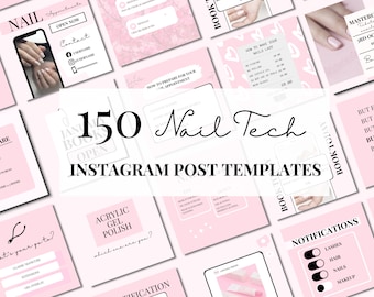 Puede incluir: Una colección de 150 plantillas de publicaciones de Instagram para técnicos de uñas. Las plantillas presentan un esquema de color rosa y blanco con texto negro. El texto incluye frases como "Reserva hoy", "Cómo hacer que tus uñas duren más", "Esmalte de gel acrílico" y "Notificaciones".