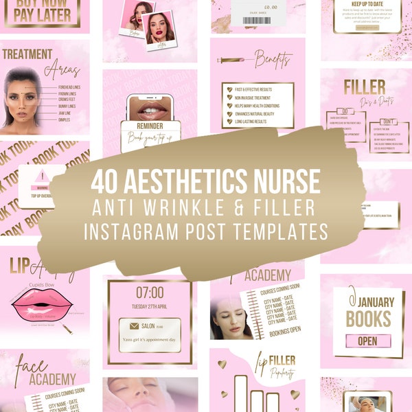 Anti Wrinkle and Filler Instagram Post Templates, Pink & Gold Luxury, Editable, Aesthetics Nurse, Injector, Cosmetic, Salon, Beauty Posts,