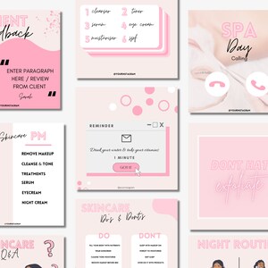 May include: A set of pink and white social media graphics for a skincare brand. The graphics include text such as "Client Feedback", "SPA Day Calling", "Skincare Q&A", "Skincare Dos & Don'ts", "Dont Hate Exfoliate", and "Night Routine".