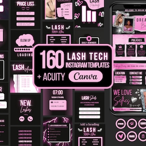 Op de afbeelding: Een verzameling van 160 roze en zwarte Instagram-sjablonen voor wimpertechnici. De sjablonen bevatten tekst zoals "Lash Tech", "Nieuwe wimpers", "Lash Q&A" en "Dream Girl". De sjablonen zijn ontworpen voor gebruik met Canva en Acuity.