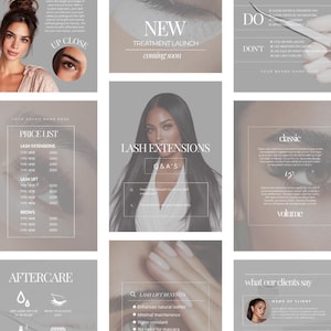 Könnte beinhalten: Eine Werbegrafik für Wimpernverlängerungen und -lifts. Das Bild zeigt eine Frau mit langen dunklen Haaren, Nahaufnahmen von Augen und Text wie "New Treatment Launch" und "Lash Extensions Q&A's".