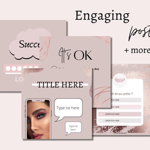 May include: Three pink and gold social media post templates with text that reads "Engaging posts + more", "It's OK", "Success", "TITLE HERE", "Type txt here", and "Which do you prefer?"  The templates feature a pink and gold color scheme with a cloud, a phone, and a poll.