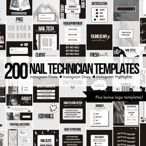 May include: A collage of 200 black and white Instagram templates for nail technicians. The templates feature text overlays with phrases like "Book Today", "Nail Tech Academy", "What's Your Go-To", "How To Look After Your Nails", "Nail Art Is My Super Power", and "Fresh Set".