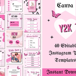 May include: A set of 40 pink and white Instagram post templates with a Y2K theme. The templates feature butterflies, hearts, stars, and text in a variety of fonts. The text includes "Canva", "Y2K", "40 Editable Instagram Post Templates", and "Instant Download".