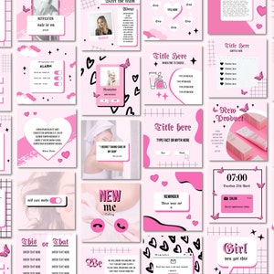 May include: A collection of pink and black social media templates with various designs. The templates feature butterflies, hearts, stars, and text. Some templates include checkboxes, text boxes, and a clock. The text on the templates includes "Title Here", "Benefits", "New Product", "Client Feedback", "Girl you got this", and "Notifications".